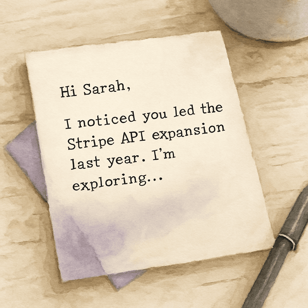 A watercolor of a drafted outreach message on cream paper, opening 'Hi Sarah, I noticed you led the Stripe API expansion last year. I'm exploring...' A purple envelope edge is tucked behind.