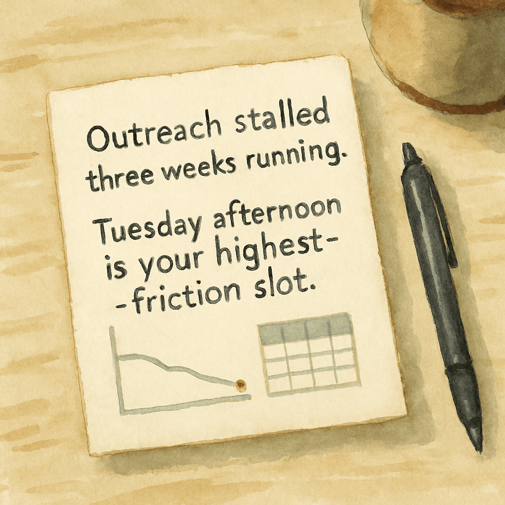 A watercolor of a small note reading 'Outreach stalled three weeks running. Tuesday afternoon is your highest-friction slot.' with a small hand-drawn line graph and calendar fragment beneath.