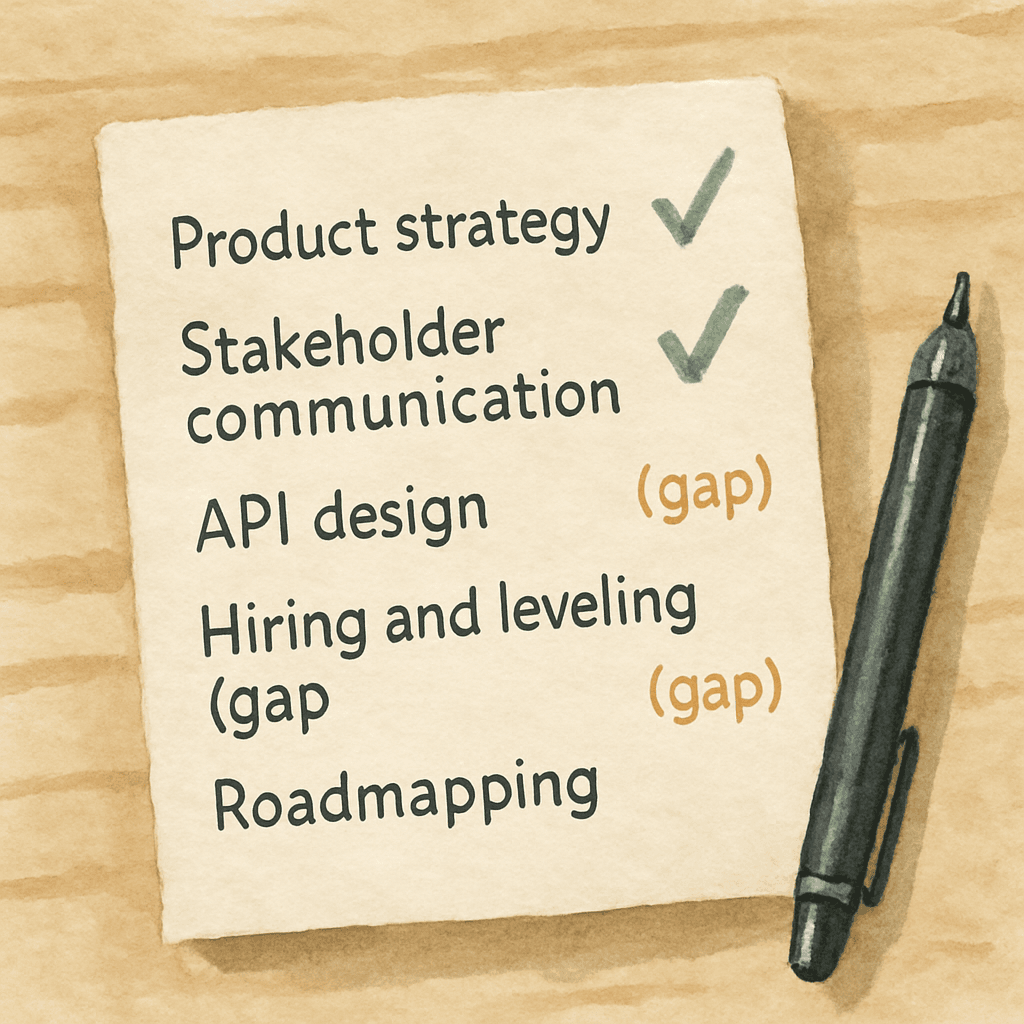 A watercolor of a skills checklist: Product strategy, Stakeholder communication, and Roadmapping marked with sage-green checks; API design and Hiring and leveling marked as gaps.