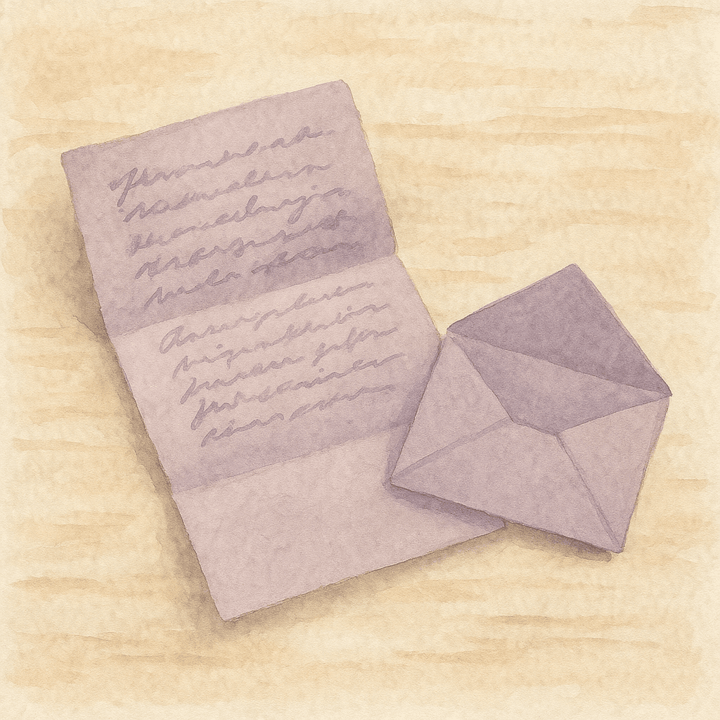 A handwritten letter mid-fold beside an envelope on weathered cream wood. Considered outreach, the slow message.