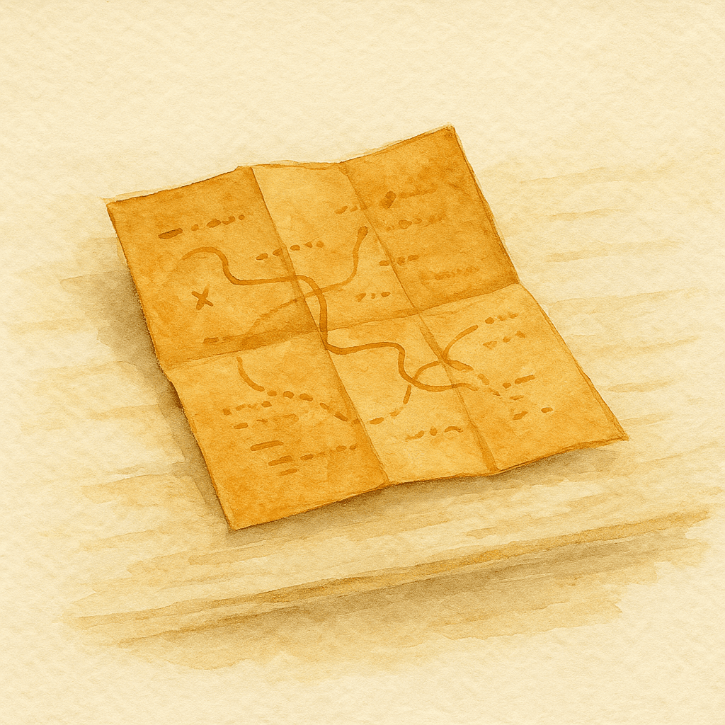 A folded amber paper map with hand-marks on weathered cream wood. Direction emerging from the work itself.