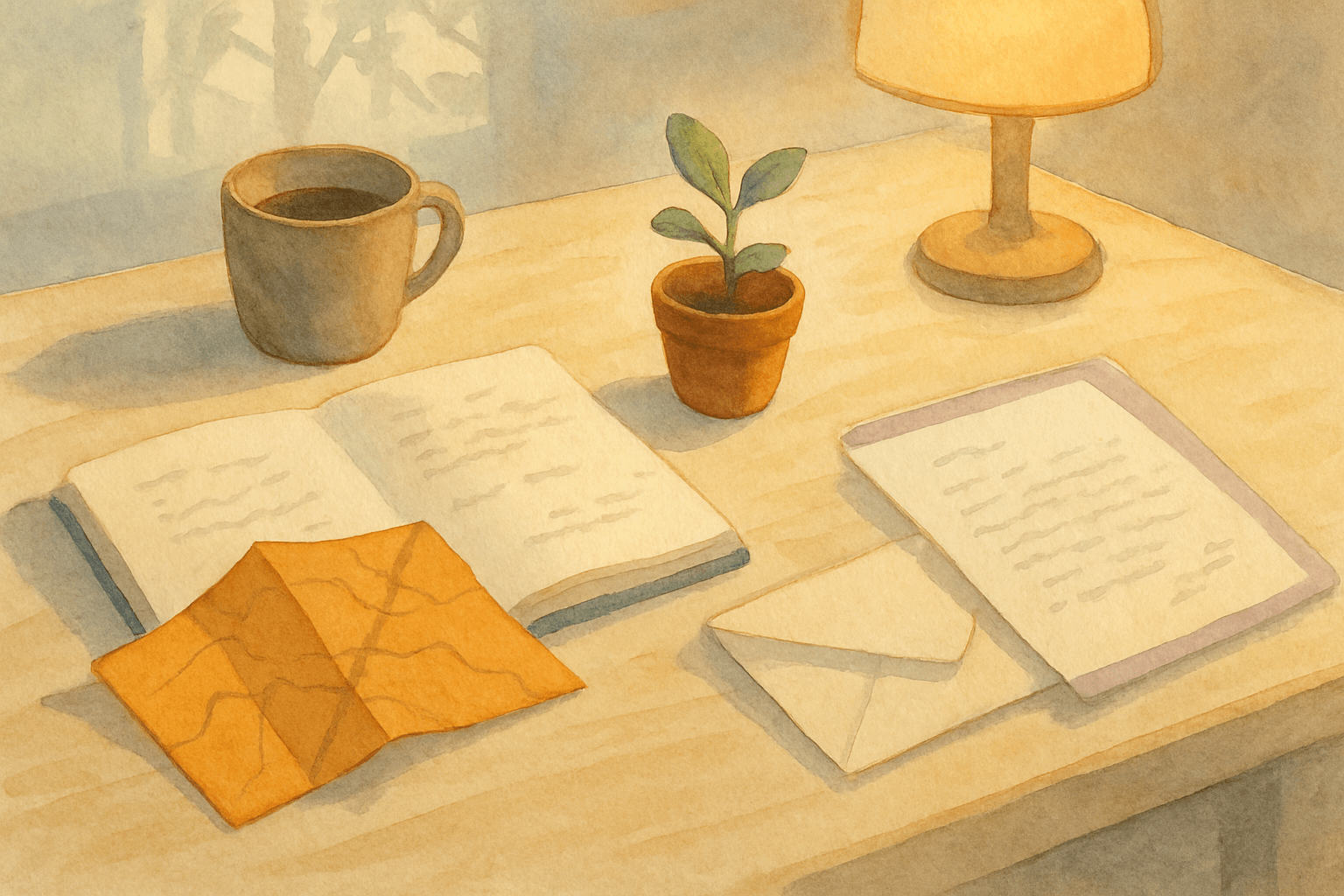 A weathered desk in warm light, with a folded amber map, a sage seedling in a terracotta pot, and an opened handwritten letter beside an open notebook and a mug. The visible traces of a team that has been working.