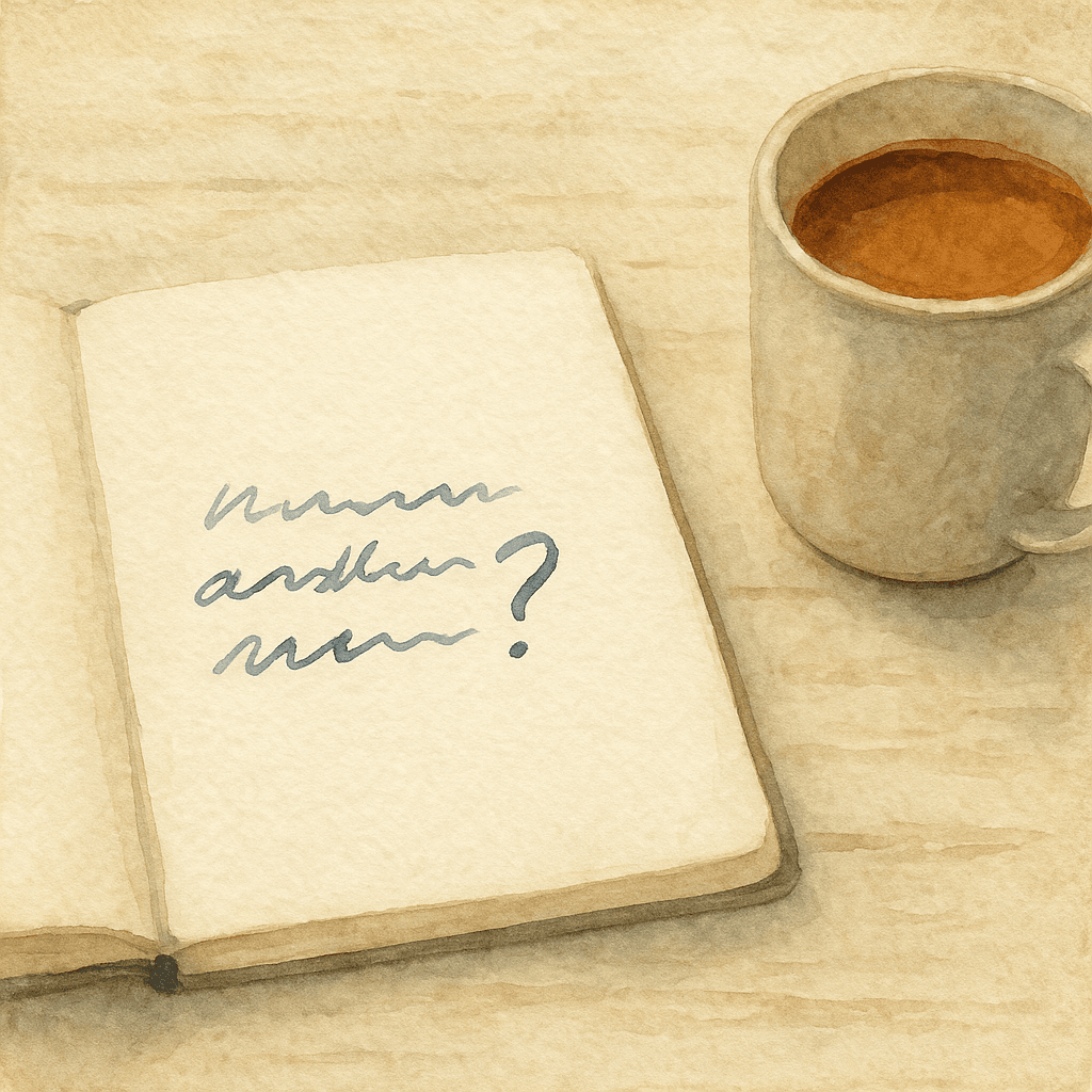 An open notebook on weathered wood, hand-drawn squiggles forming a question, a half-drunk mug at the edge. The question quietly there, waiting to be asked.